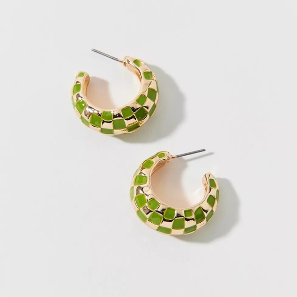 Urban Outfitters Enameled Checkerboard Chubby Hoop Earring | Green - Picture 2 of 6